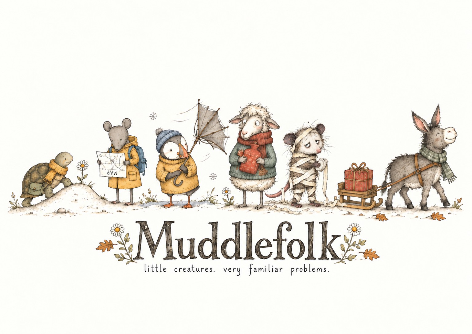 Muddlefolk — little creatures, very familiar problems. Meet the tortoise, mouse, puffin, sheep, opossum and donkey.
