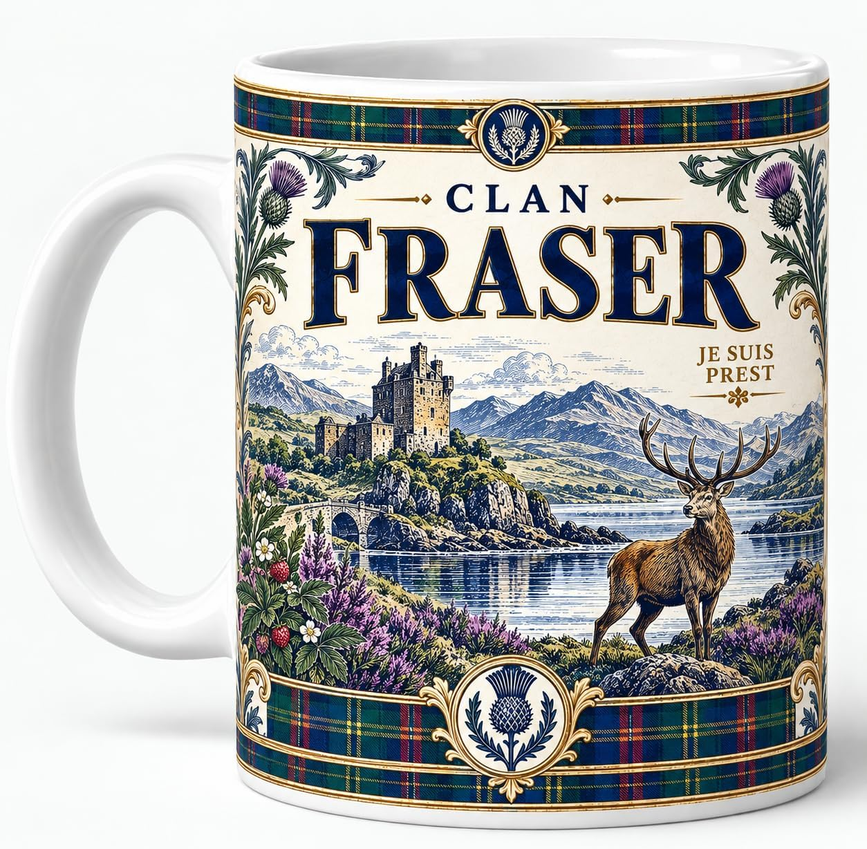 Clan Fraser mug with Highland stag castle thistles and tartan