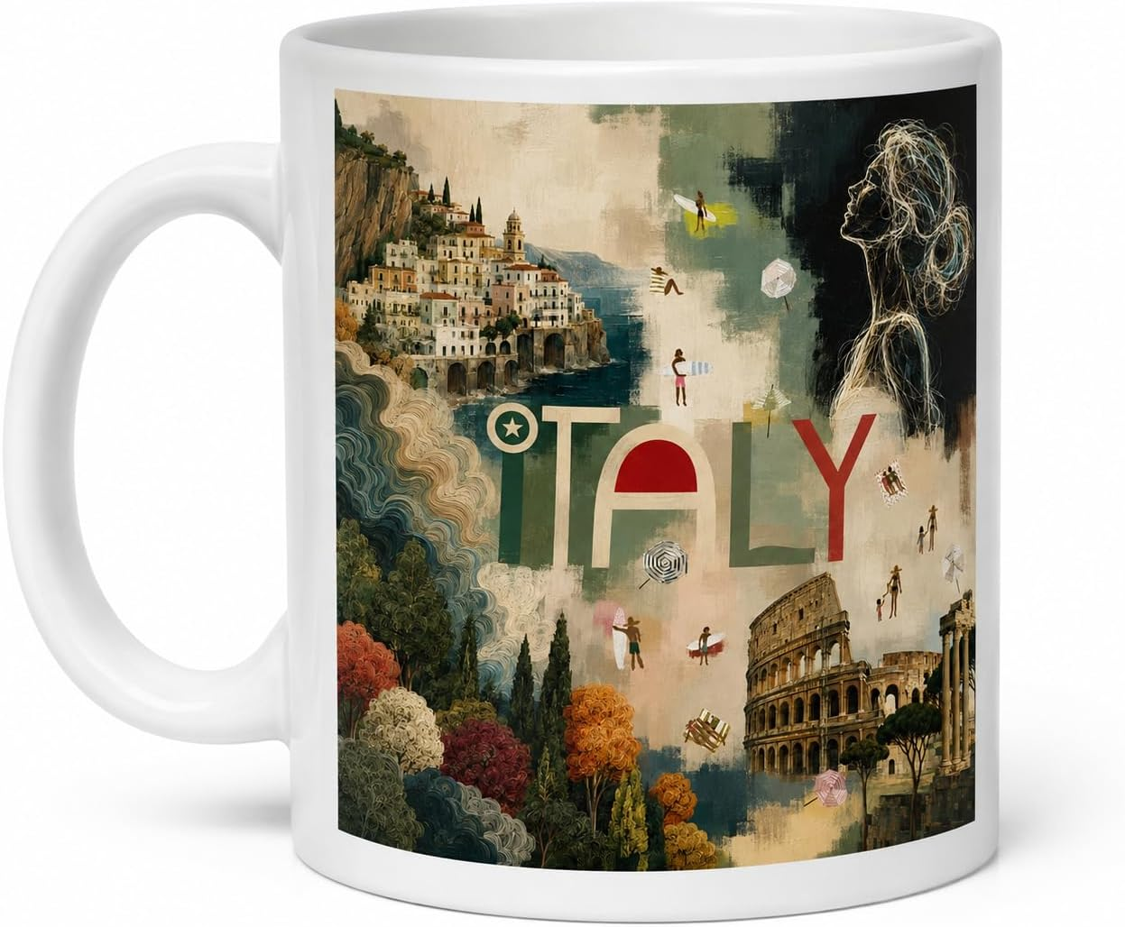 Italy illustrated travel mug with coastal villages and the Colosseum