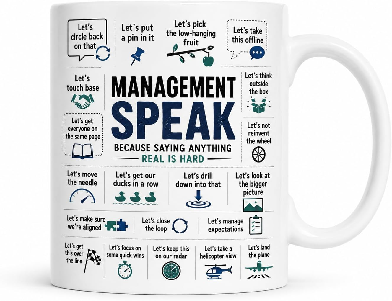 White mug with management phrases and illustrated office jargon