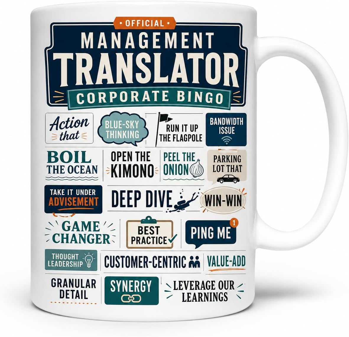 White management translator mug with corporate bingo phrases