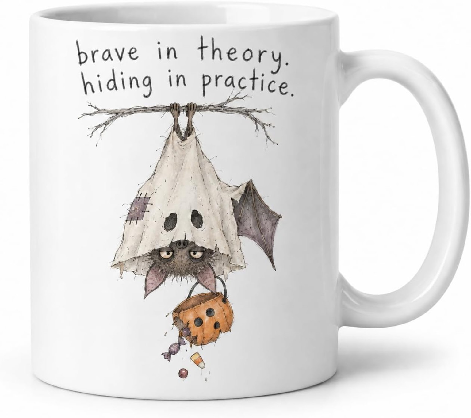 Muddlefolk white ceramic mug: Bat hanging under a ghost costume with a pumpkin bucket