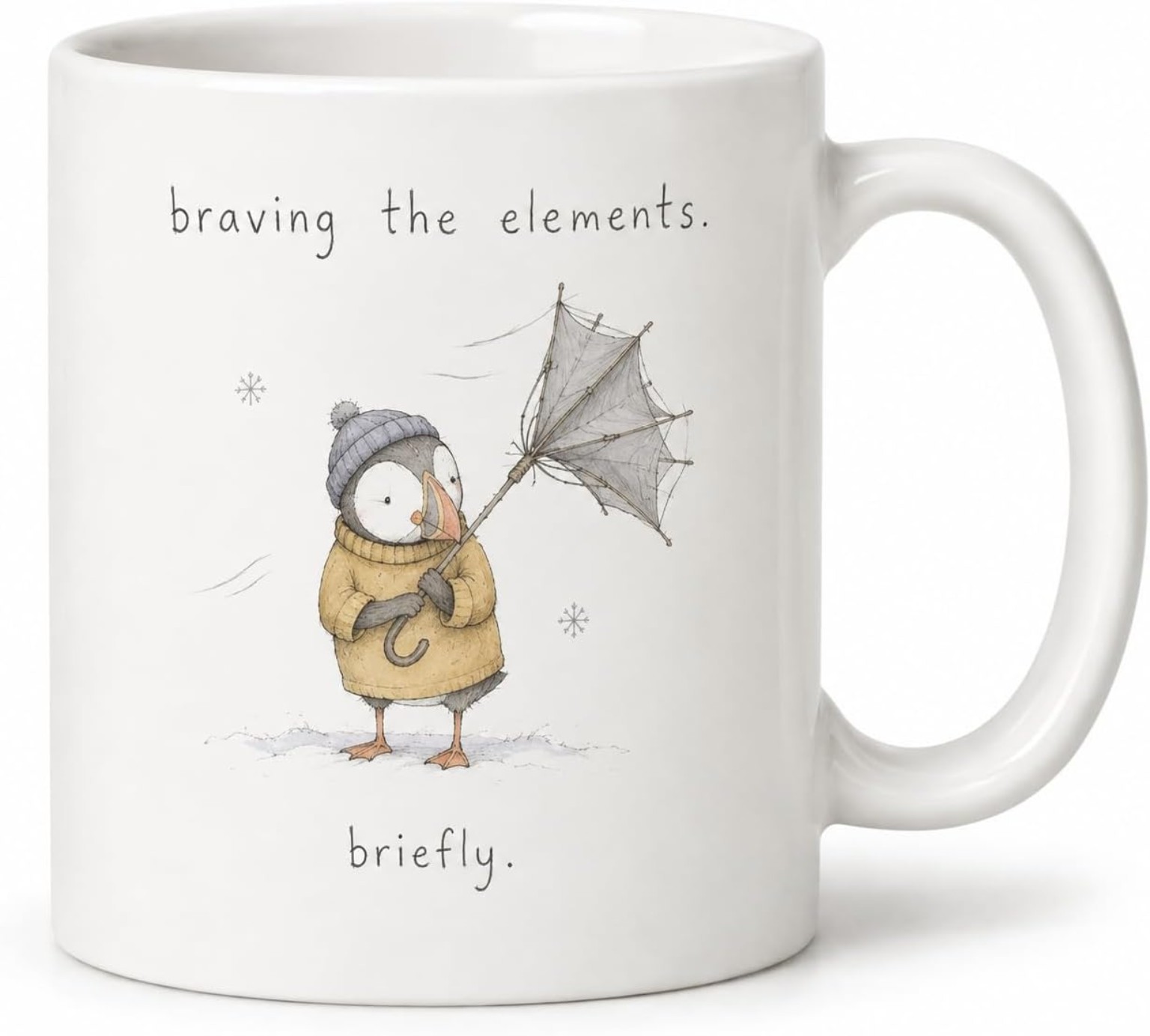 Muddlefolk white ceramic mug: Puffin in a mustard coat holding a windblown umbrella