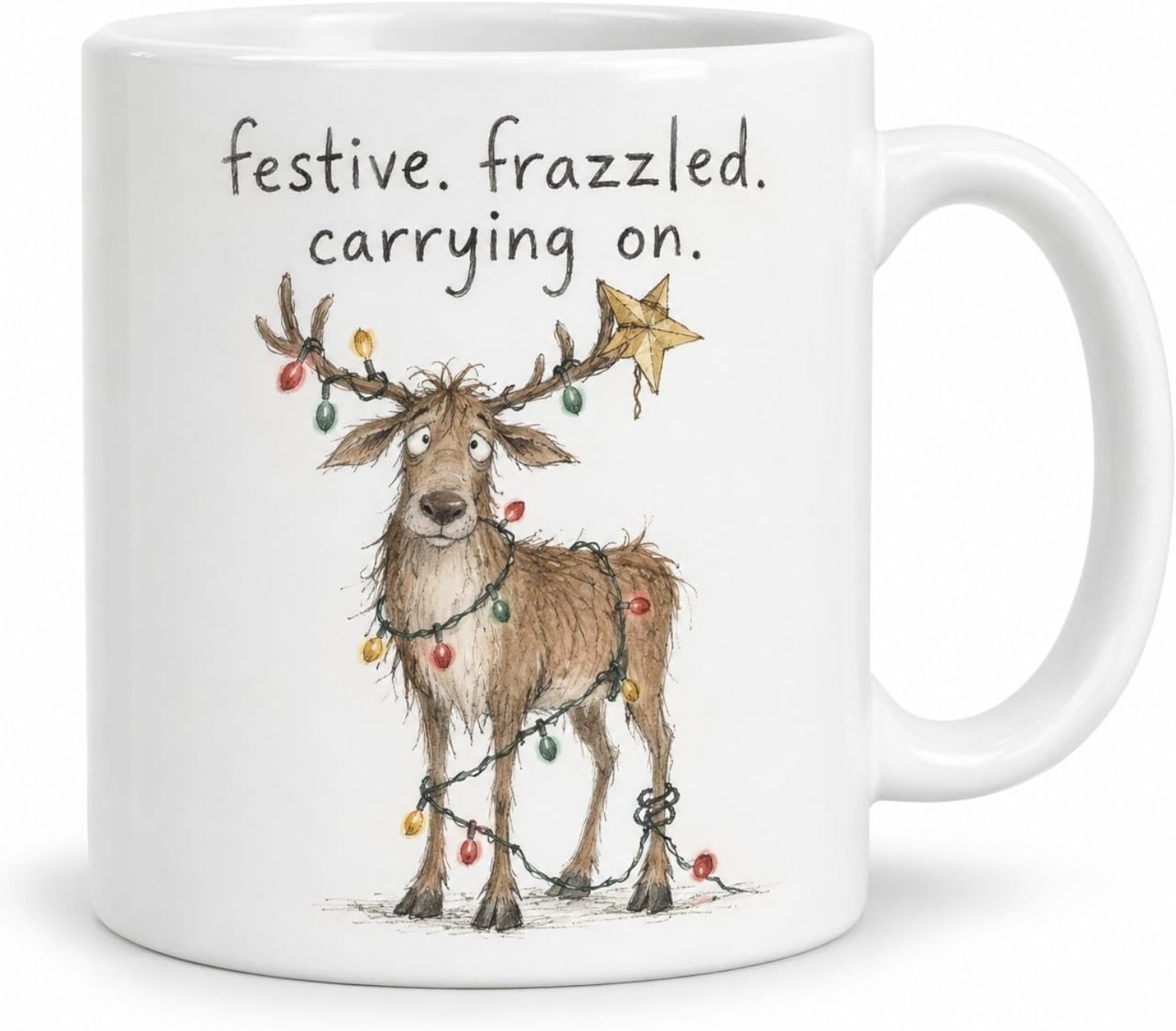 Muddlefolk white ceramic mug: Frazzled reindeer tangled in Christmas lights