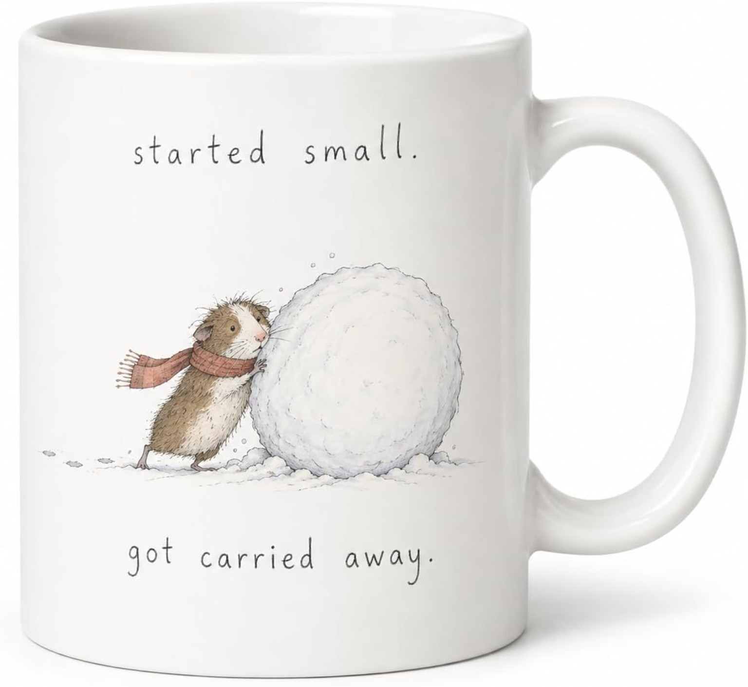 Muddlefolk white ceramic mug: Scarf-wearing guinea pig pushing an enormous snowball